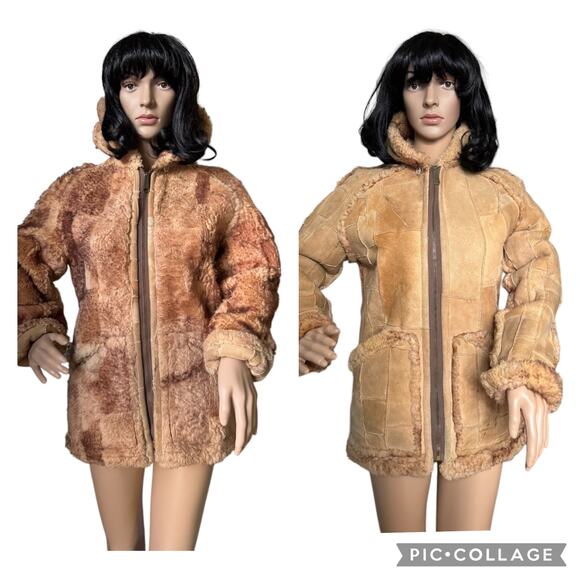 Vintage patchwork reversible shearling hooded coat pockets size small - Picture 1 of 17
